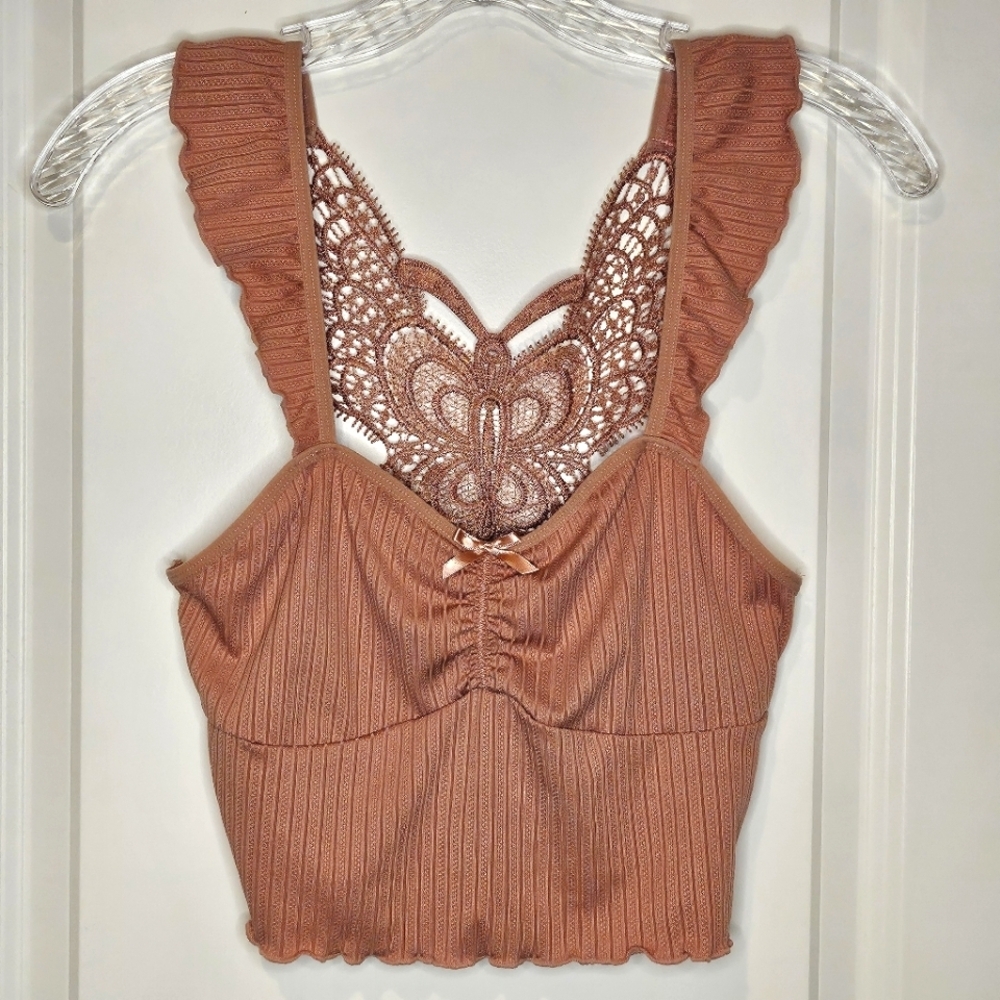 Lace Butterfly Y2K Back Crop Tank Top Medium Dusty Rose Ruffle Ribbed Cami Boho